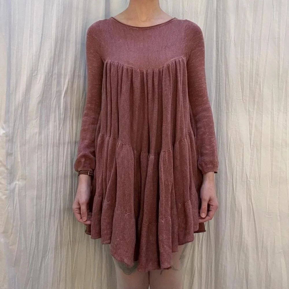 Dusty Rose Long Sleeve Mini Dress by Free People‎ Midnight Ruffle Sweater